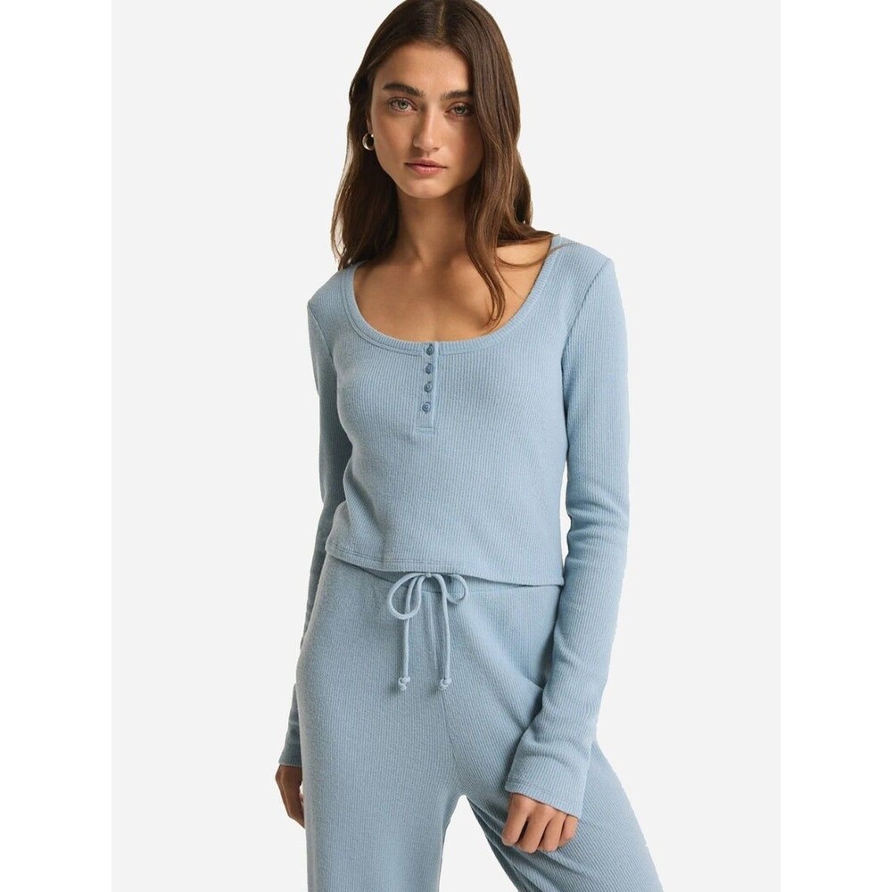 Z Supply NWT Blue Sit Back Thermal Long Sleeve Henley Ribbed Top Large